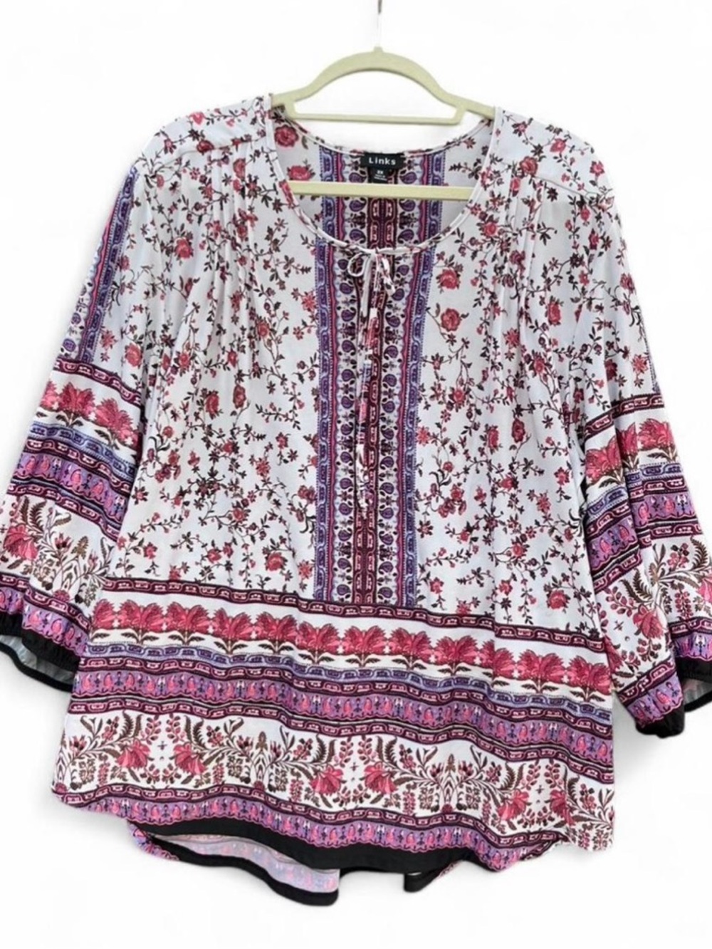 Link White Floral Border-Print Peasant Tunic with Pink & Purple Accents
